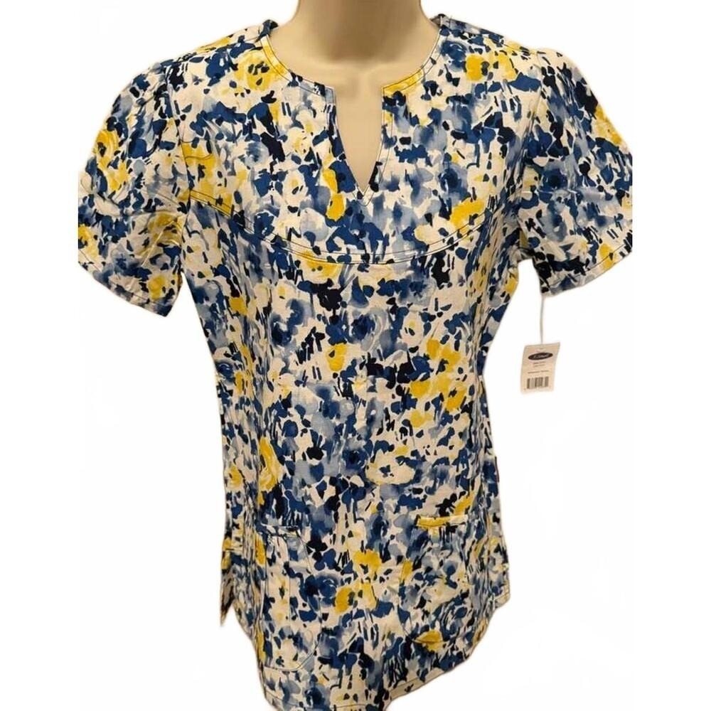 SCRUB WORKS WOMENS SIZE XSMALL SCRUB TOP BLUE/YELLOW PATTERNED‎ NEW WITH TAGS